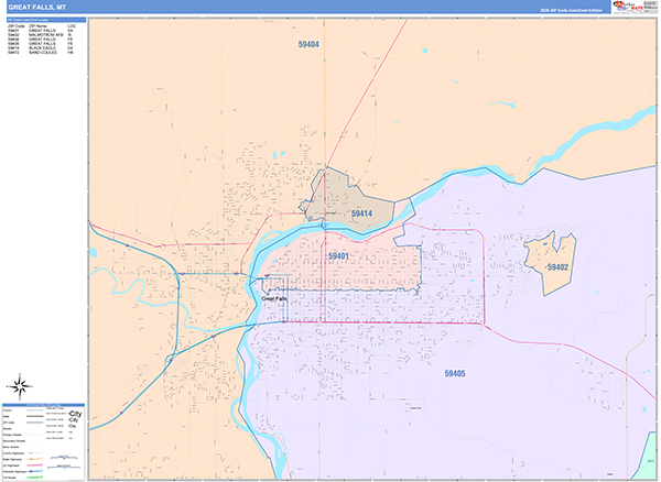 Great Falls City Wall Map Color Cast Style